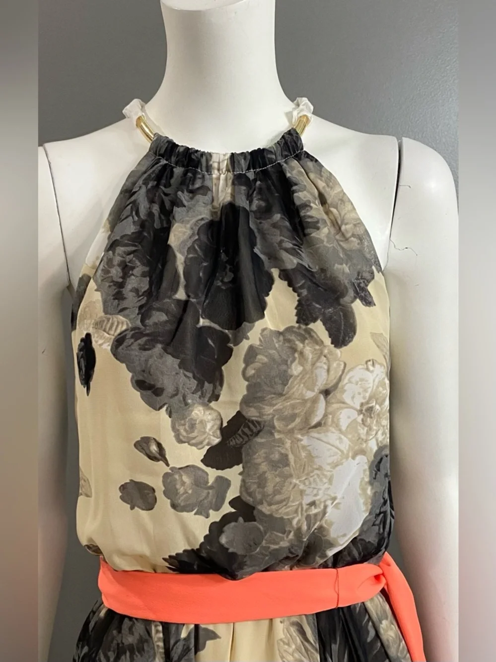 NWT Eliza J Floral Halter Maxi Dress with Belted Coral Sash Size 8 - Picture 4 of 13